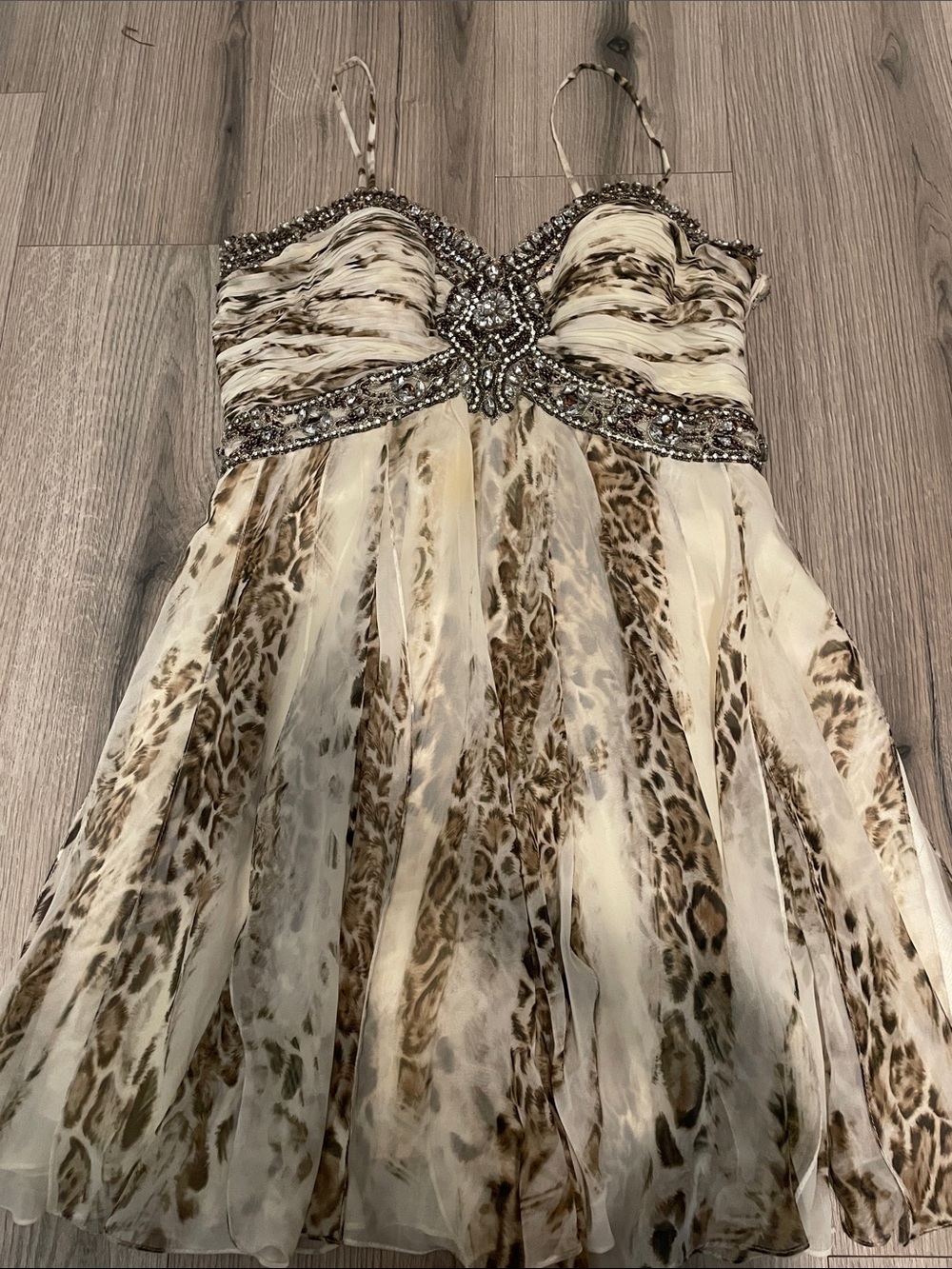 Terani Couture Beaded Animal-Print Mini Dress in Cream and Brown